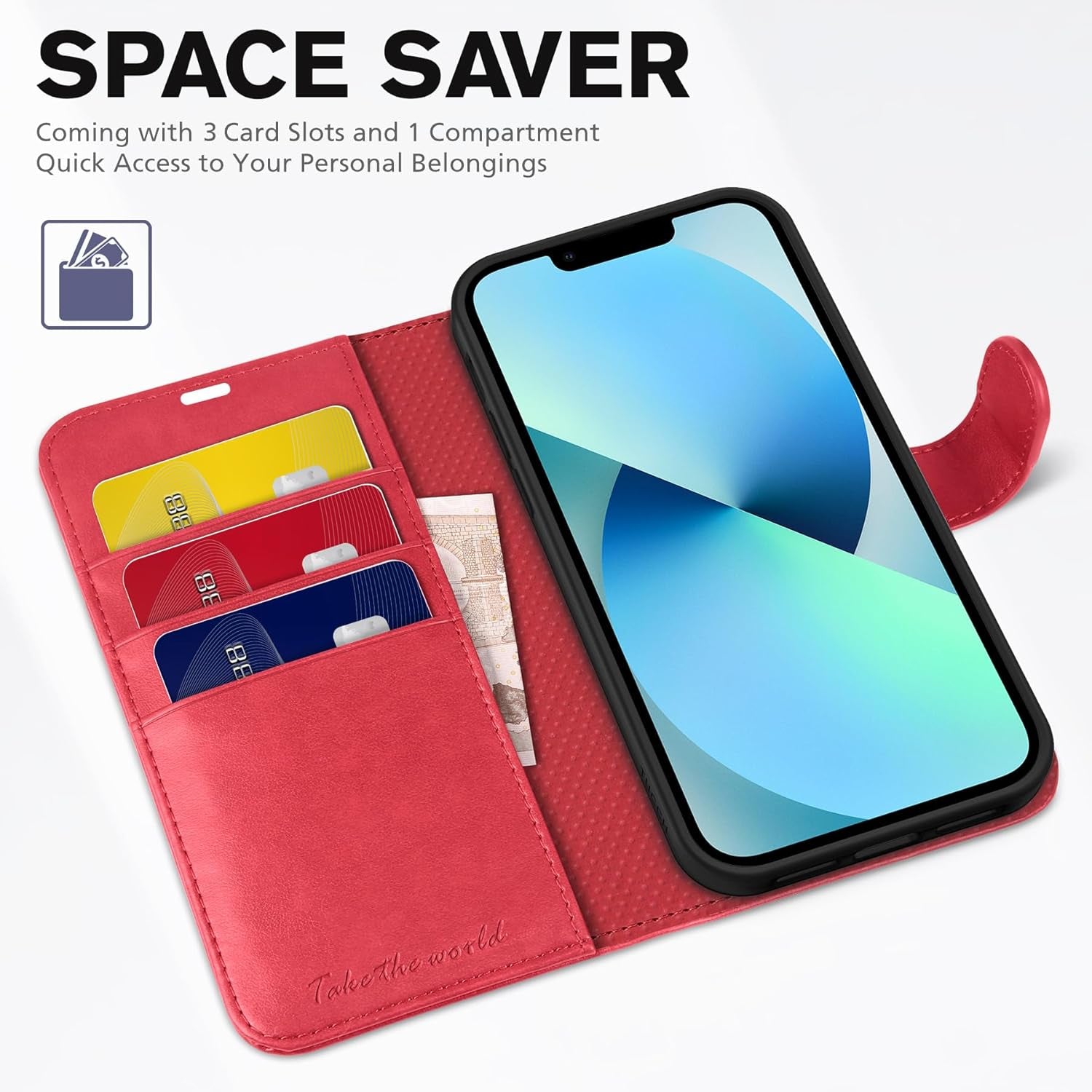 Wallet Case for Iphone 13 6.1-Inch 5G, [RFID Blocking] Card Slots Holder Stand [Shockproof TPU Interior Case] PU Leather Magnetic Protective Flip Cover Compatible with Iphone 13 6.1" 2021, Red