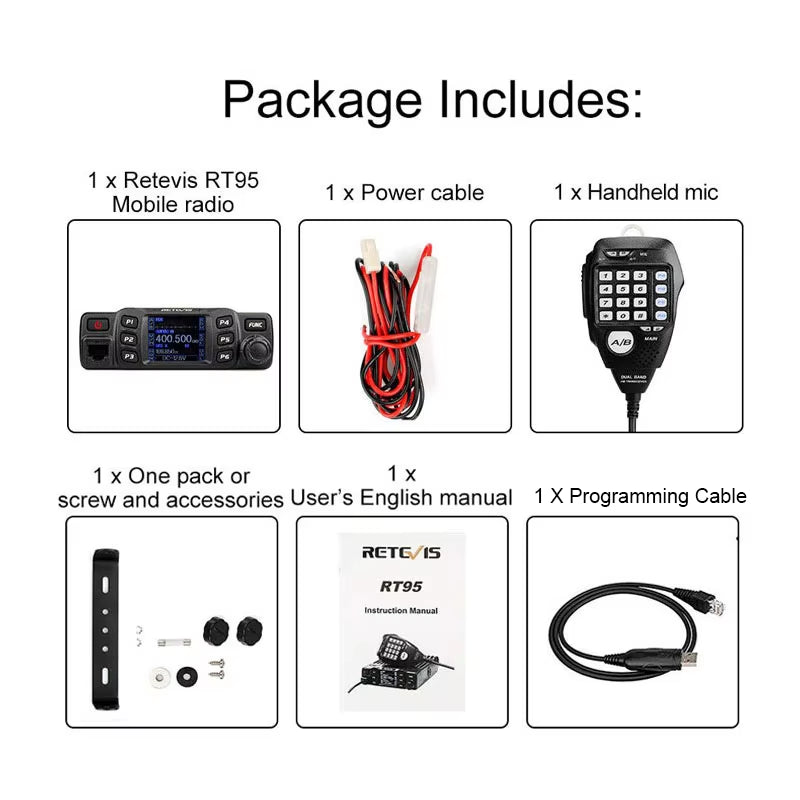 RT95 Mobile Ham Radio Two-Way Car Radio VHF UHF Dual Band Mobile Radio Station Transceiver Base Station for Camping